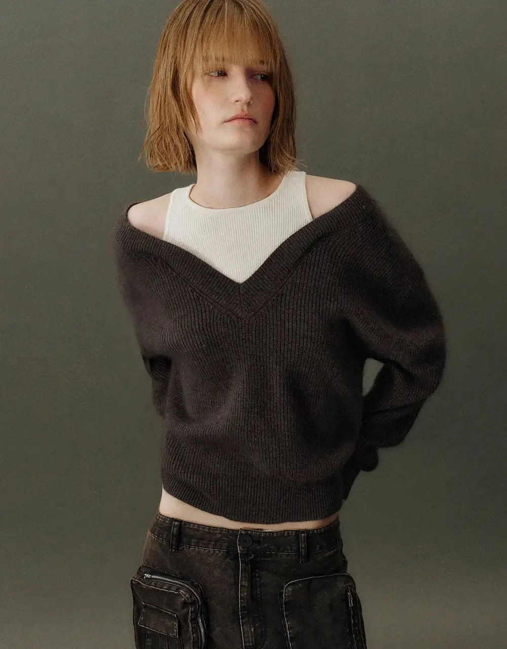 V-Neck Cozy Rabbit Hair Wool Knit Sweater