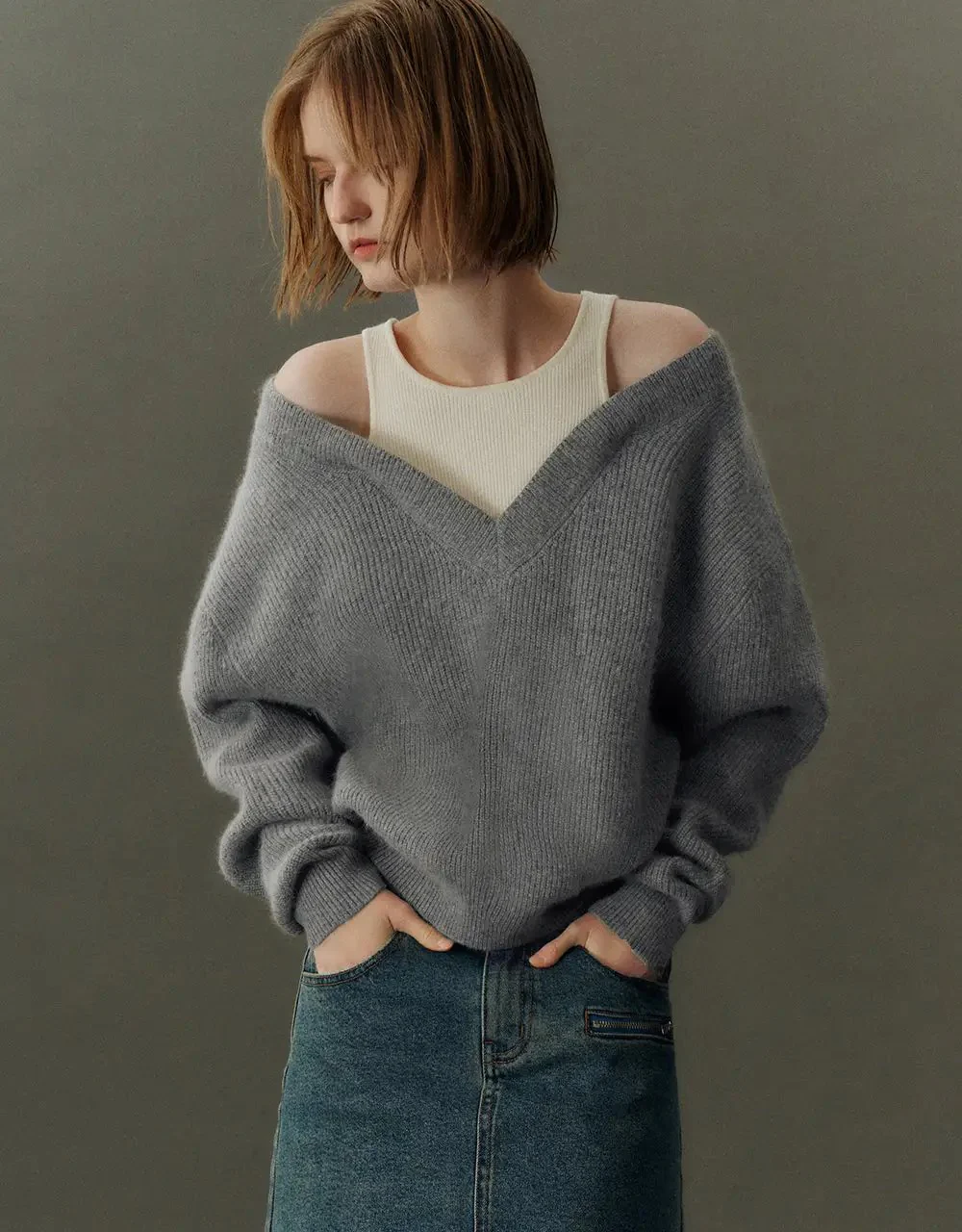 V-Neck Cozy Rabbit Hair Wool Knit Sweater