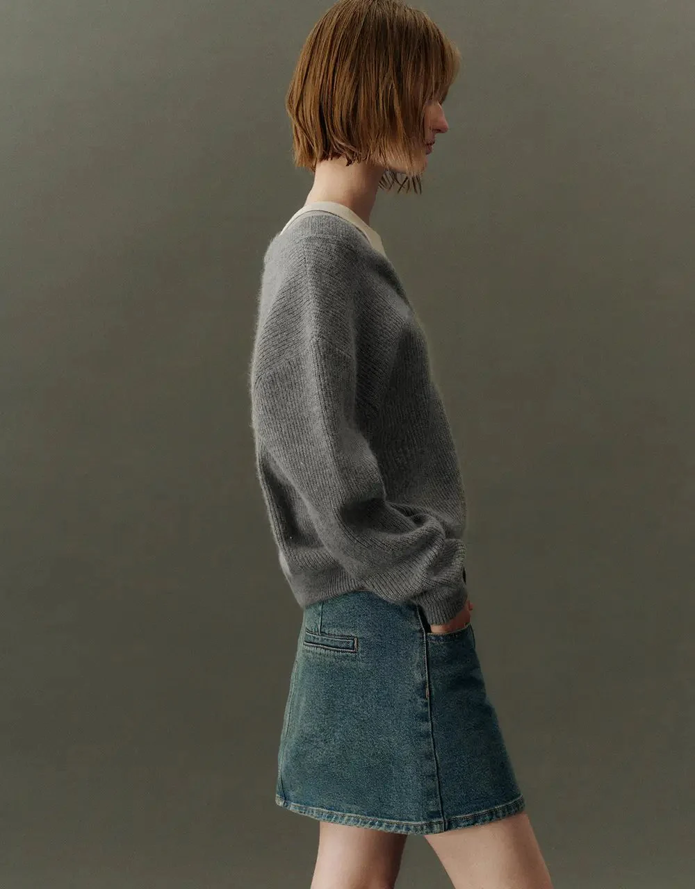 V-Neck Cozy Rabbit Hair Wool Knit Sweater