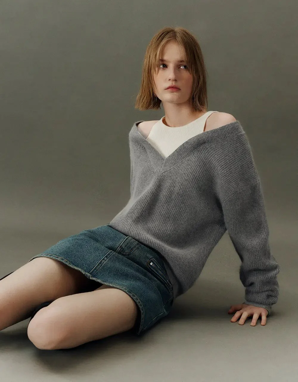 V-Neck Cozy Rabbit Hair Wool Knit Sweater