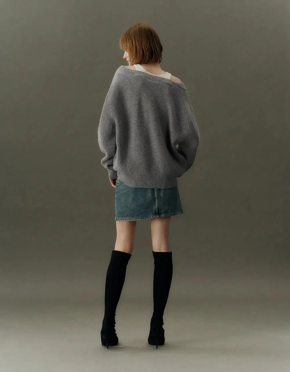 V-Neck Cozy Rabbit Hair Wool Knit Sweater