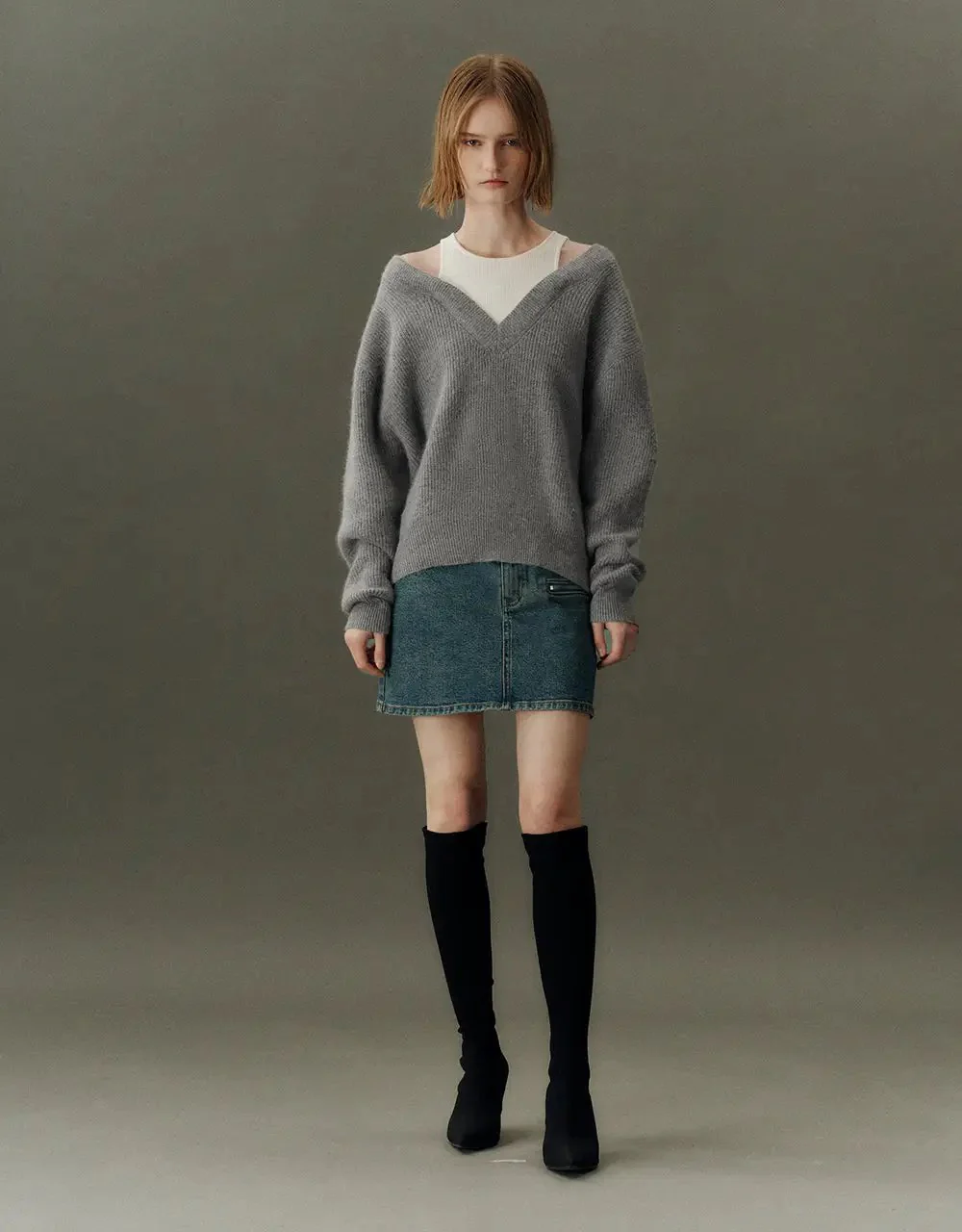 V-Neck Cozy Rabbit Hair Wool Knit Sweater