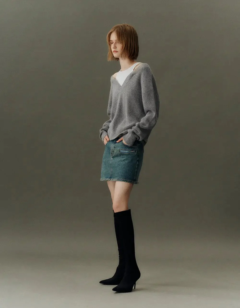V-Neck Cozy Rabbit Hair Wool Knit Sweater