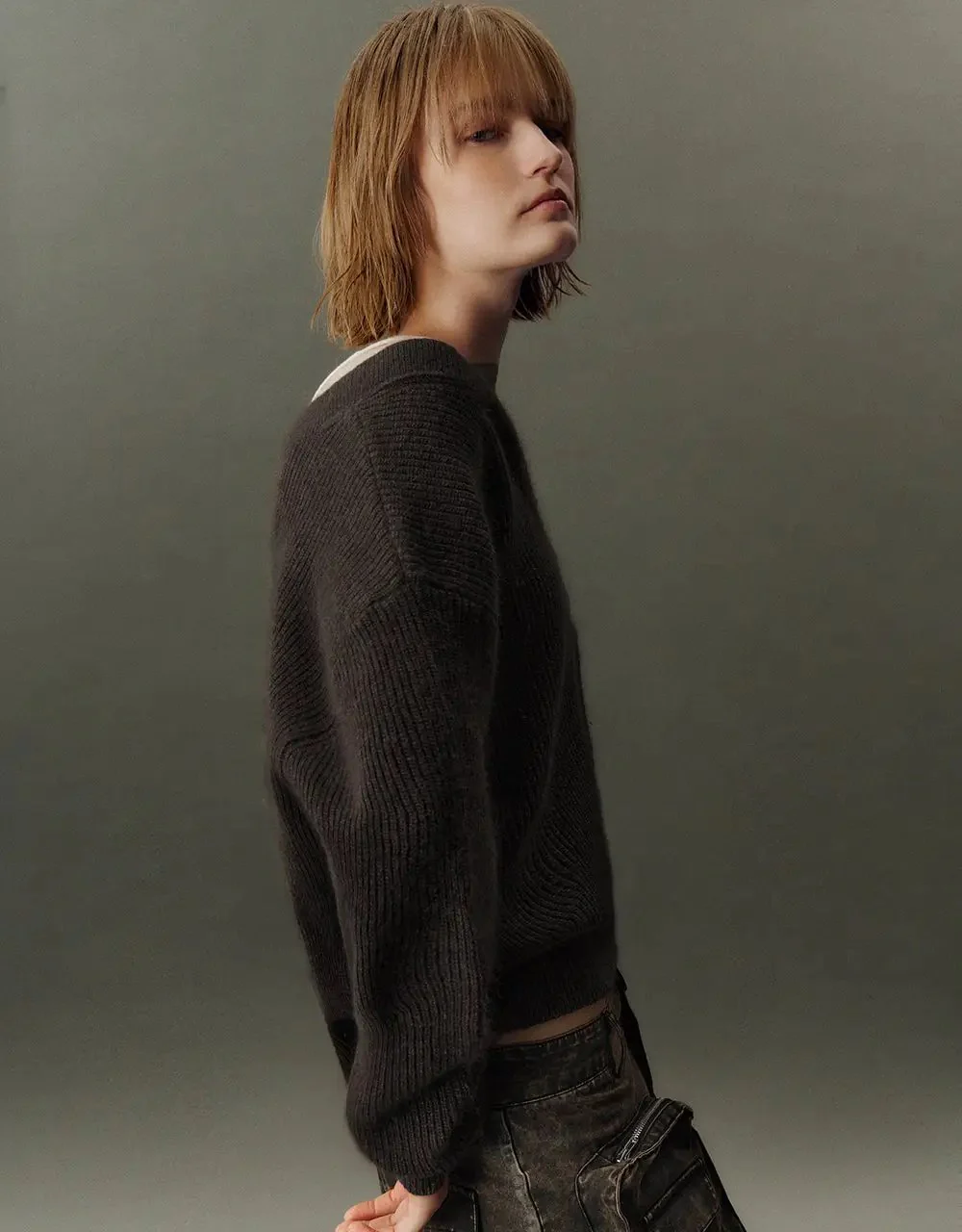 V-Neck Cozy Rabbit Hair Wool Knit Sweater