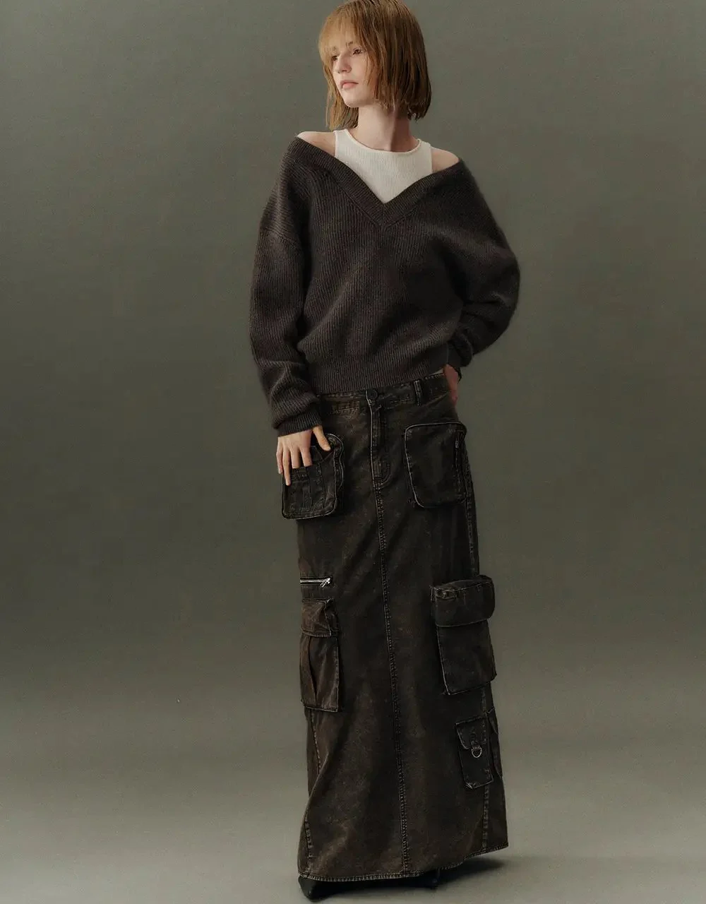 V-Neck Cozy Rabbit Hair Wool Knit Sweater