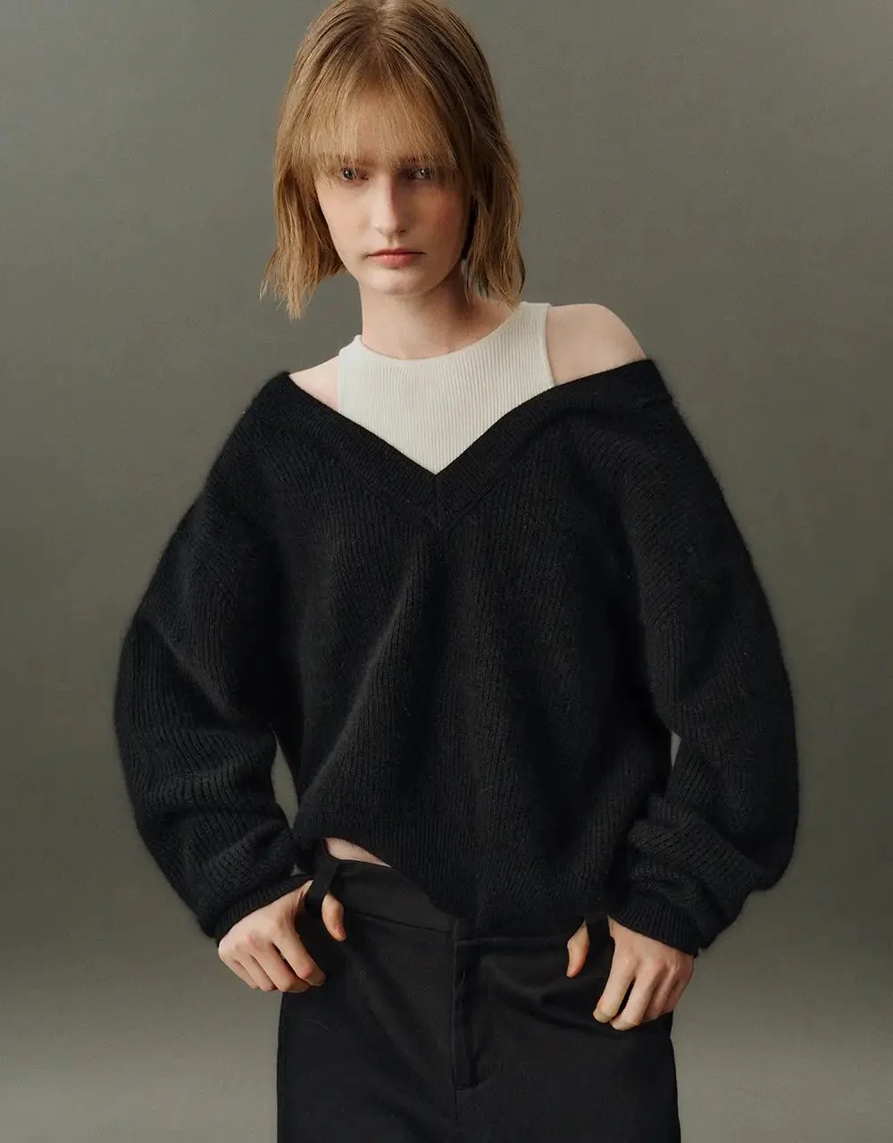 V-Neck Cozy Rabbit Hair Wool Knit Sweater