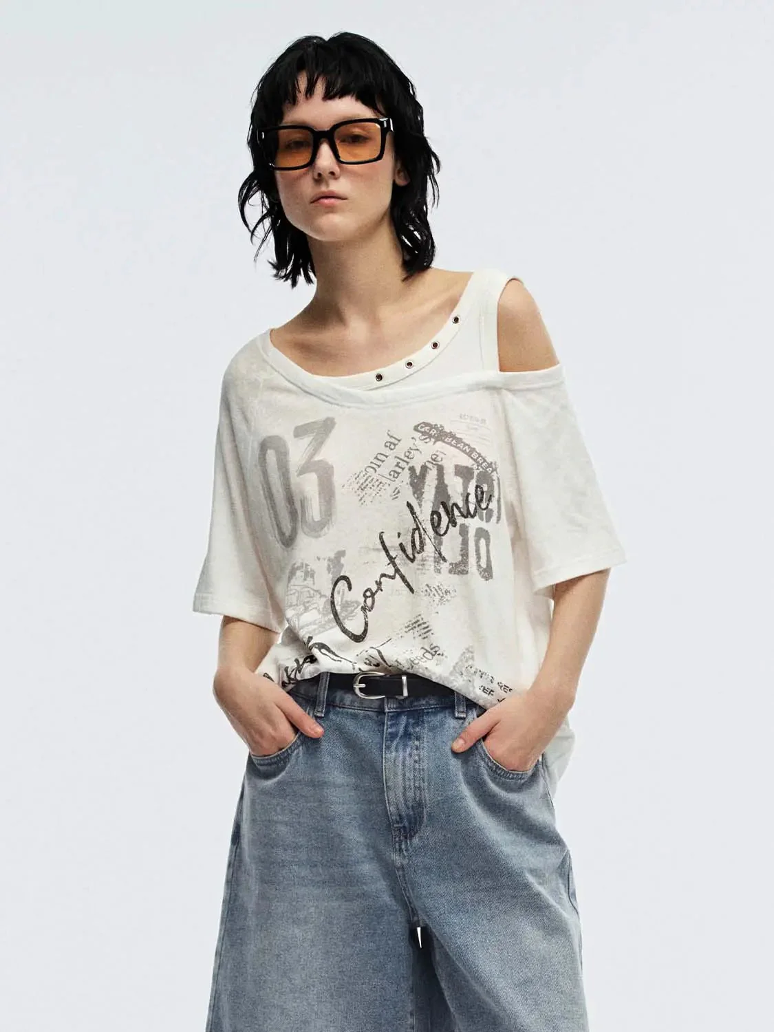 Cotton Graphic Print Sloped Shoulder Tee