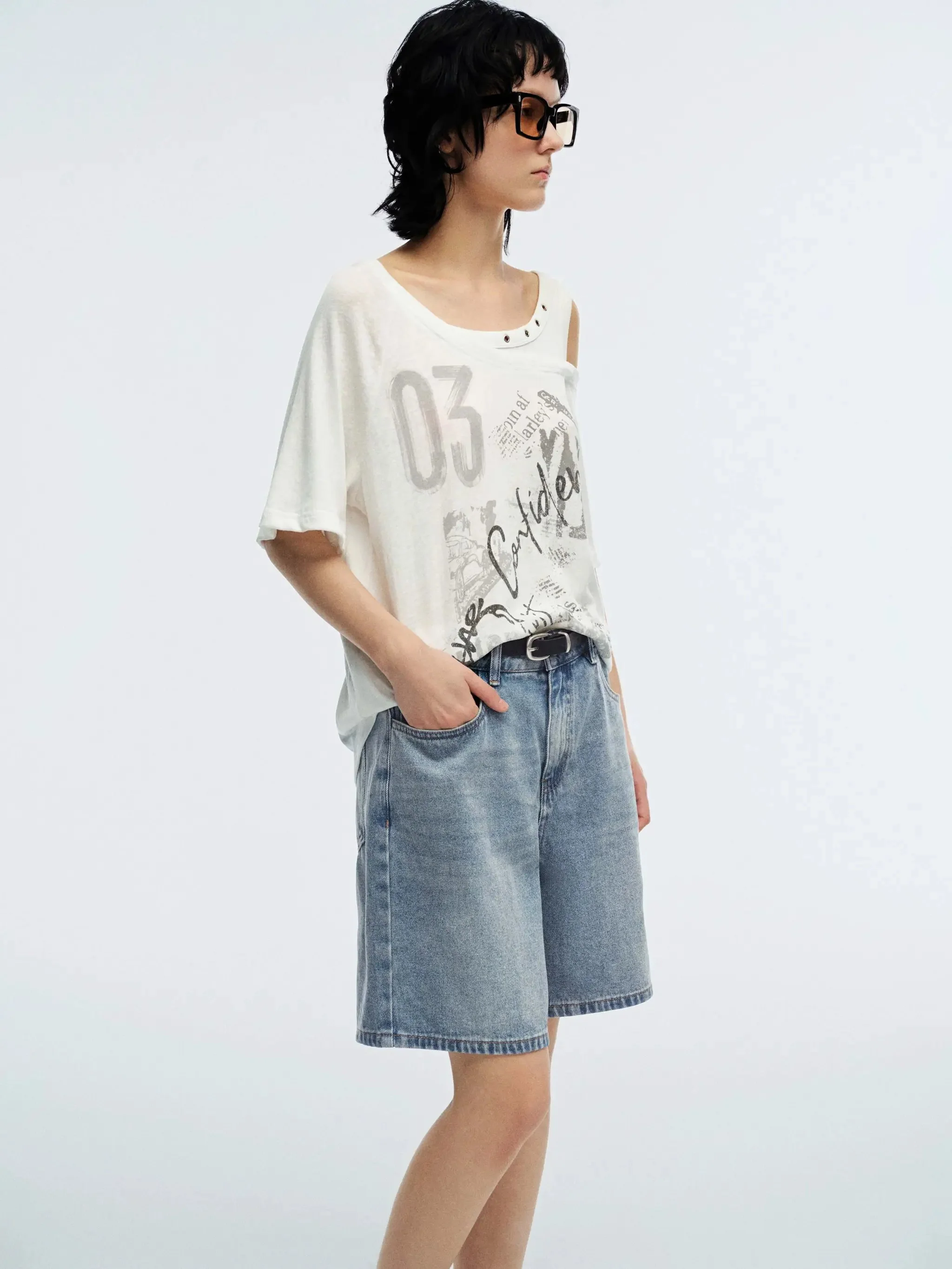 Cotton Graphic Print Sloped Shoulder Tee