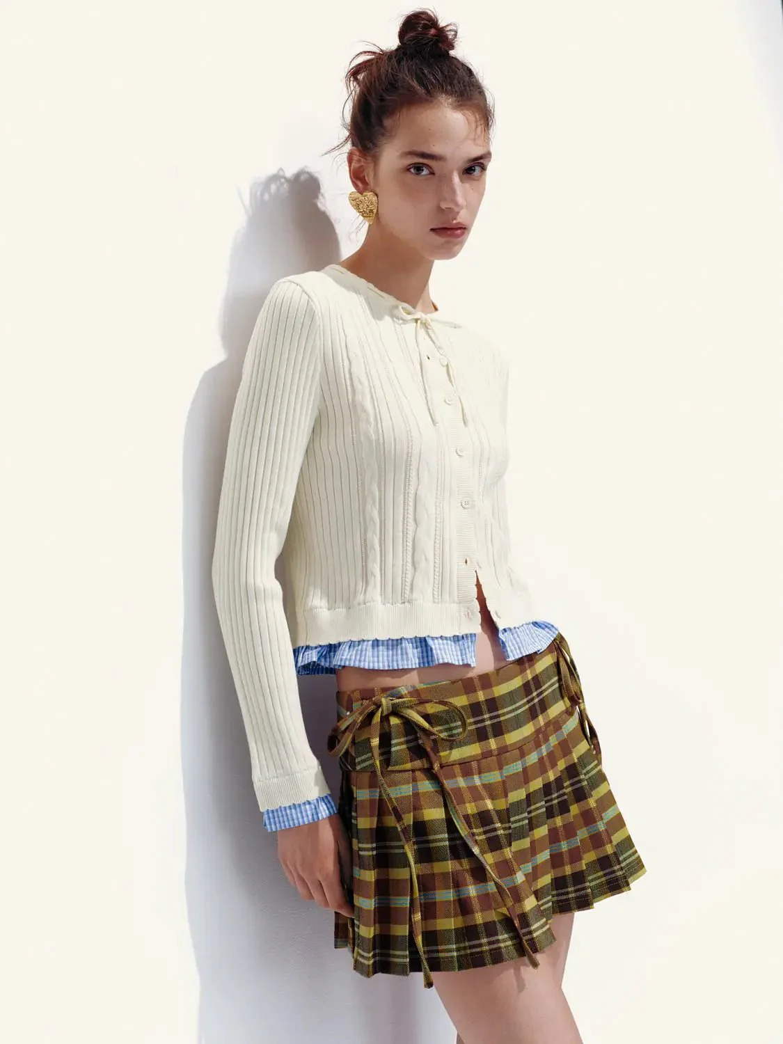 2 In 1 Textured Ribbed Bow Collar Cropped Knit Cardigans