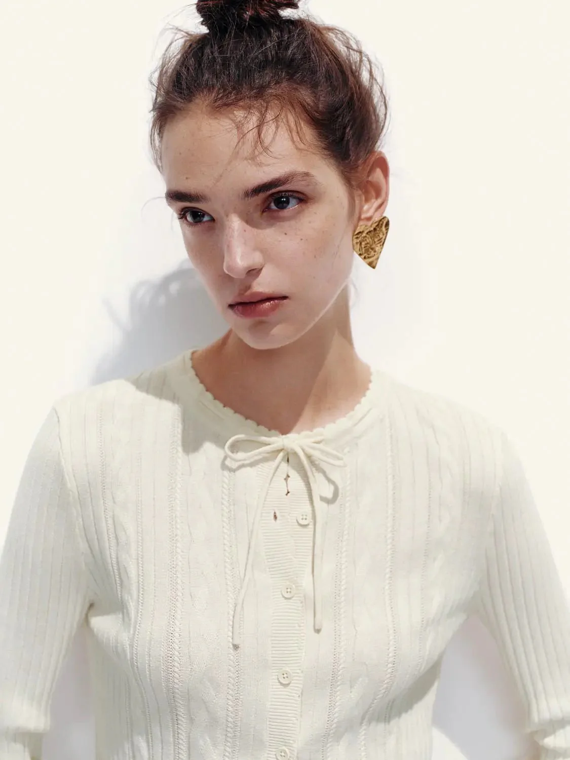 2 In 1 Textured Ribbed Bow Collar Cropped Knit Cardigans