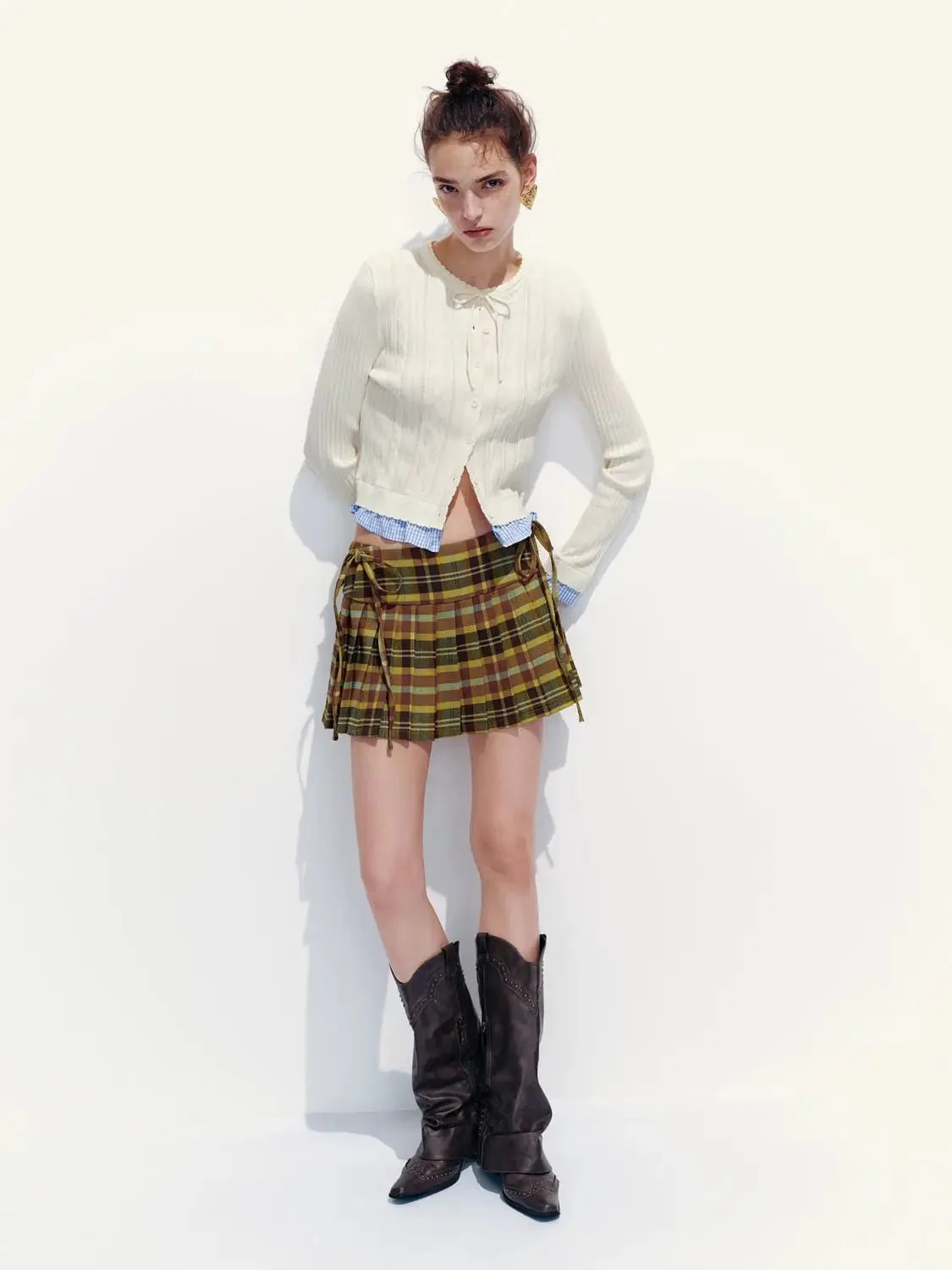 2 In 1 Textured Ribbed Bow Collar Cropped Knit Cardigans