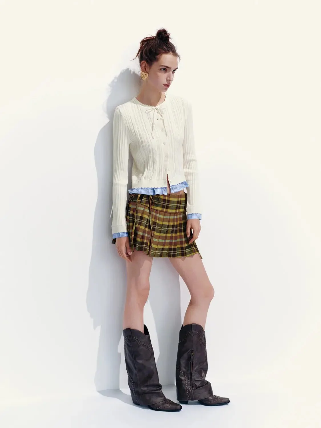 2 In 1 Textured Ribbed Bow Collar Cropped Knit Cardigans