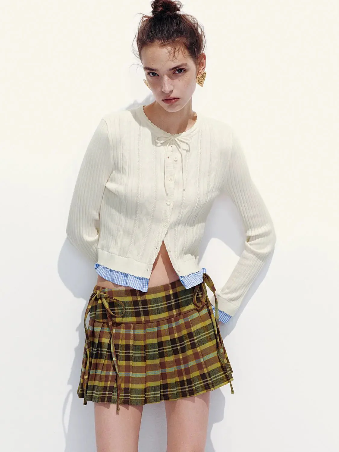 2 In 1 Textured Ribbed Bow Collar Cropped Knit Cardigans