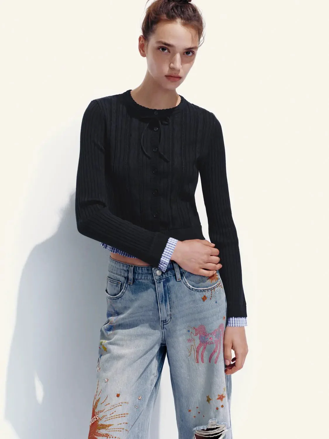 2 In 1 Textured Ribbed Bow Collar Cropped Knit Cardigans