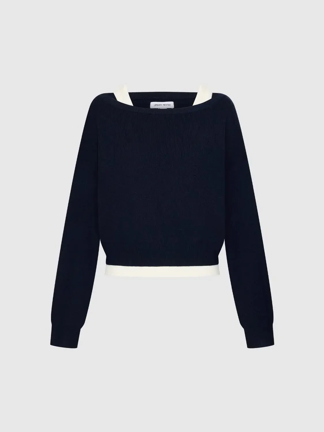 Navy Knit 2 In 1 Long Sleeve Contrast Top