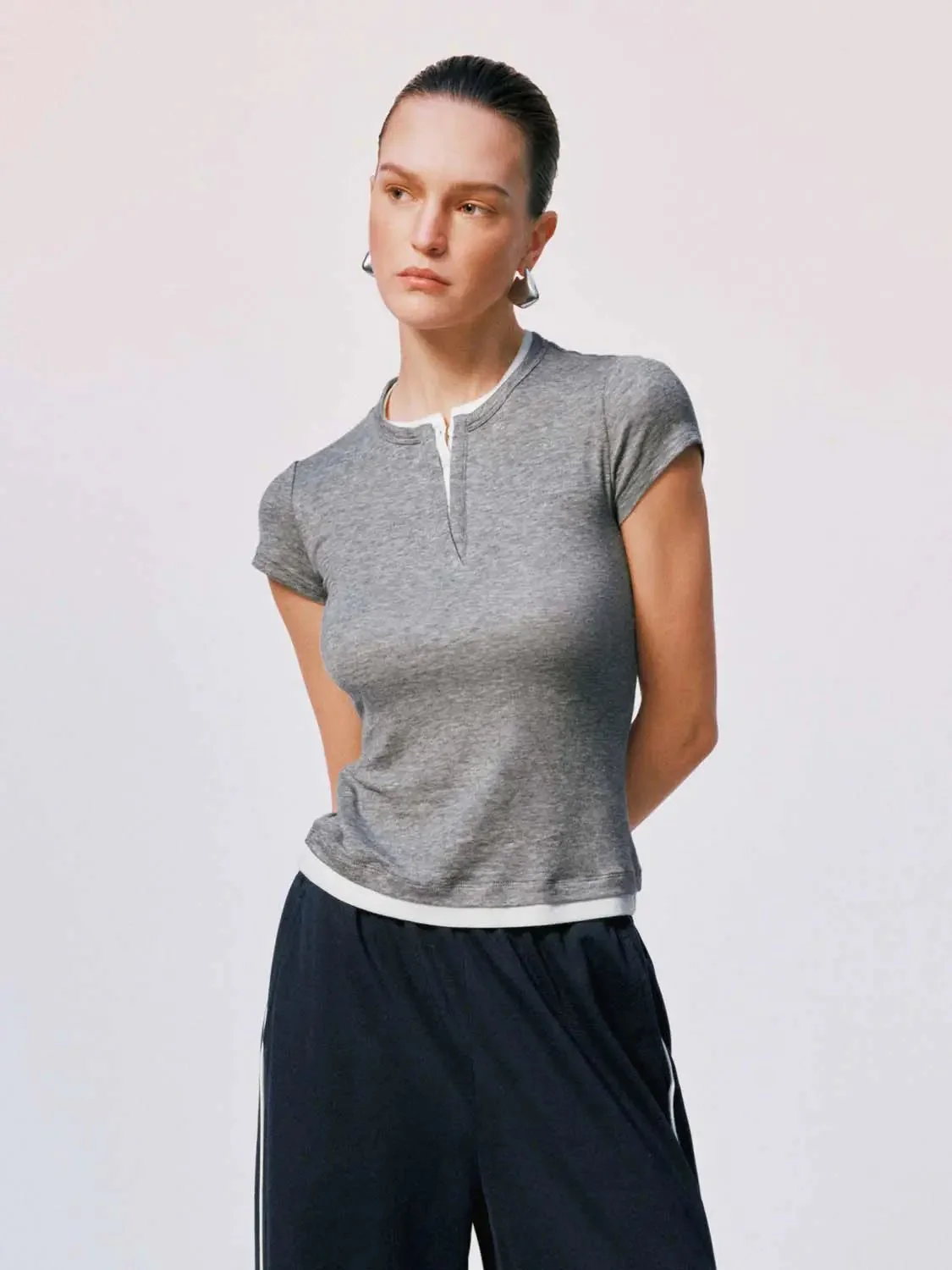 Lyocell 2 In 1 Contrast Henley Neck T Shirts