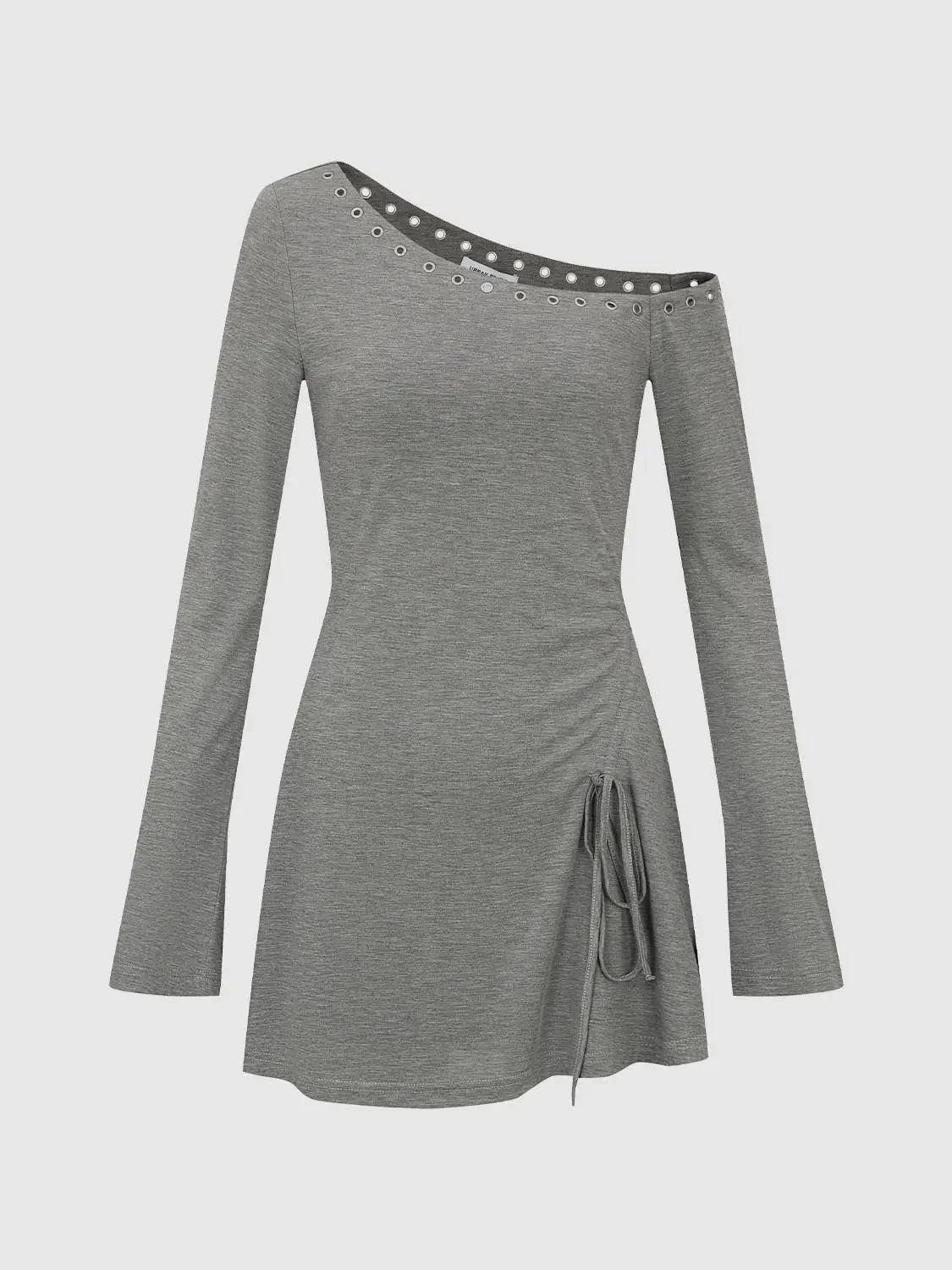 11064-grey-knit-one-shoulder-dress-with-studded-trim-tie-midi-dresses-1.webp Grey Knit One Shoulder Dress With Studded Trim Tie Midi Dresses
