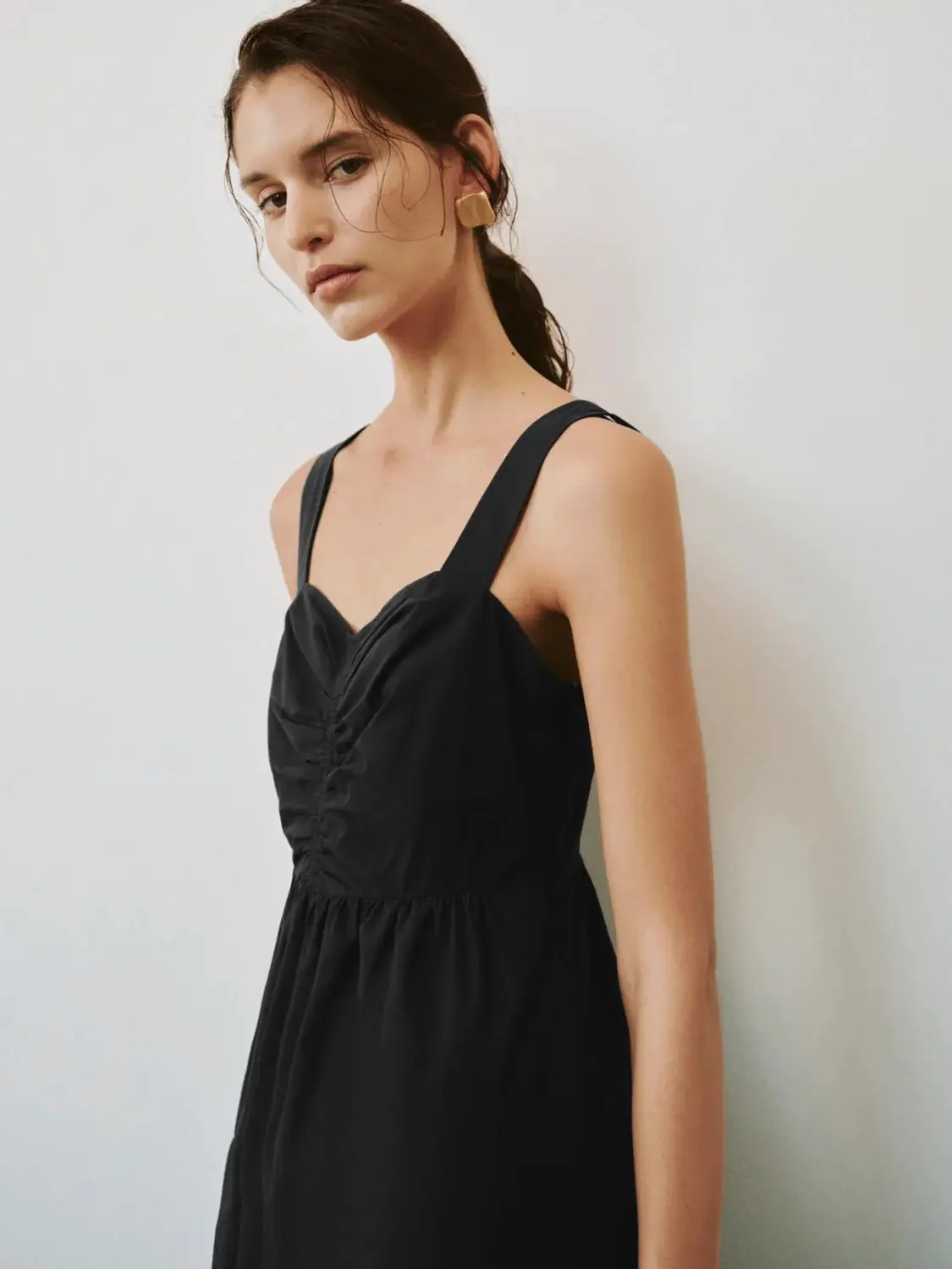 Shirring Detail Strappy Cotton Blend A-Line Midi Dresses