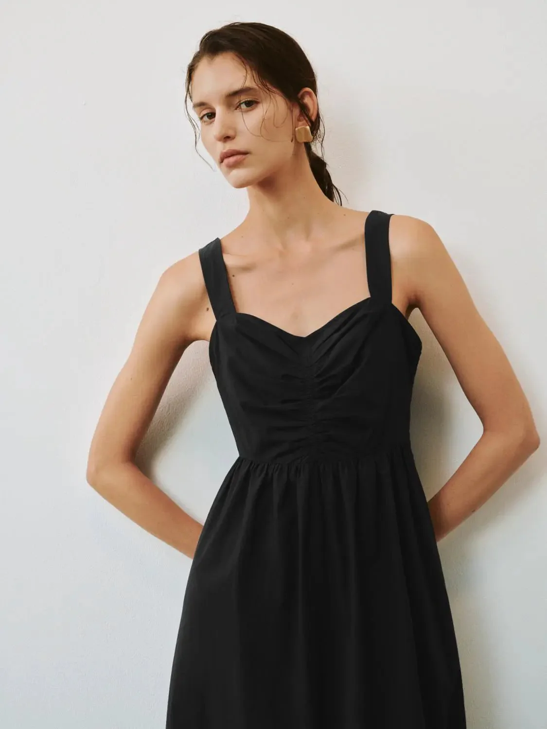 Shirring Detail Strappy Cotton Blend A-Line Midi Dresses