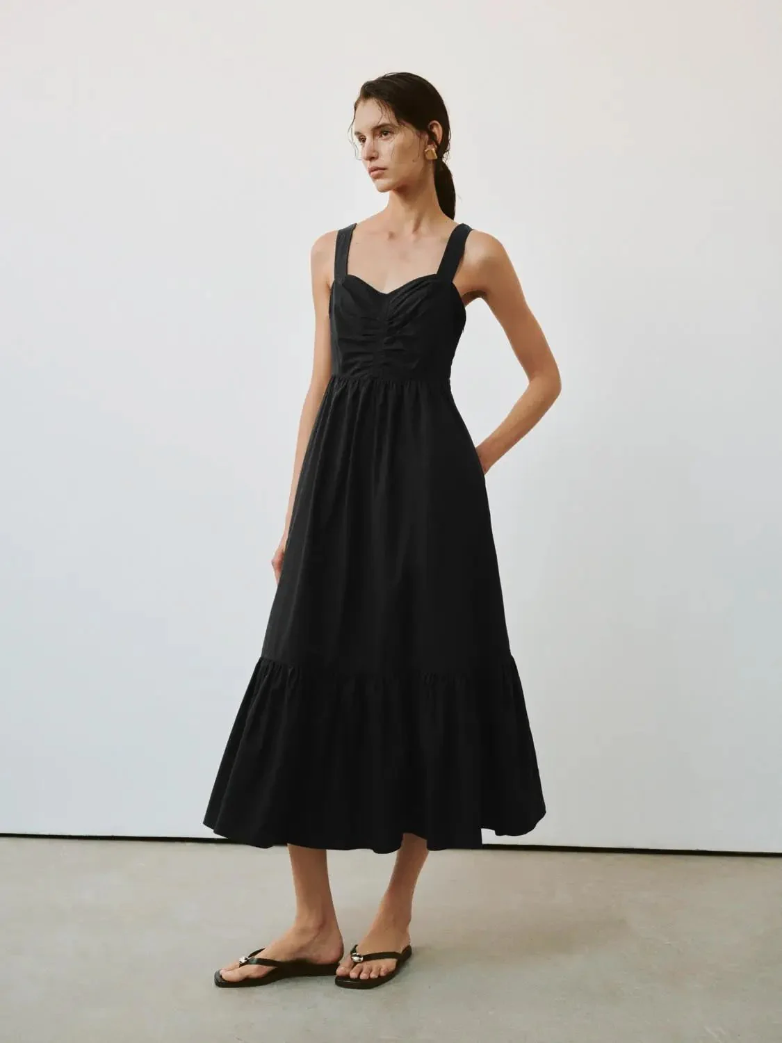 Shirring Detail Strappy Cotton Blend A-Line Midi Dresses