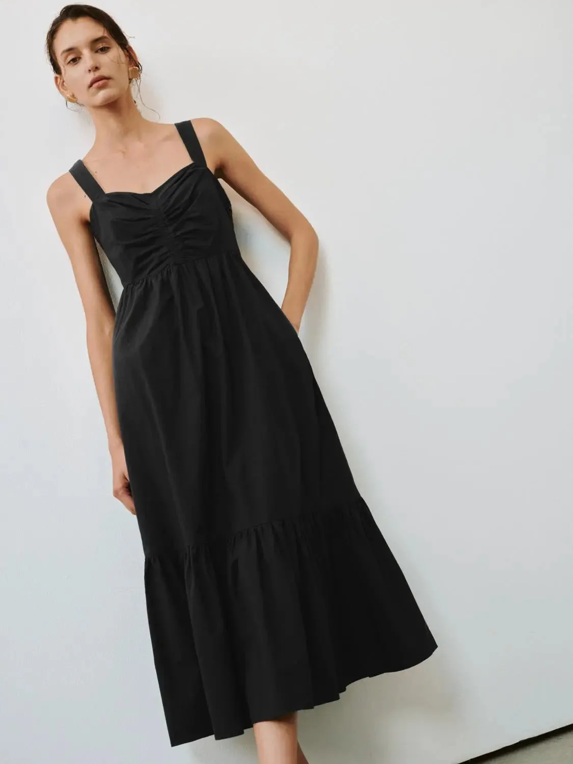 Shirring Detail Strappy Cotton Blend A-Line Midi Dresses