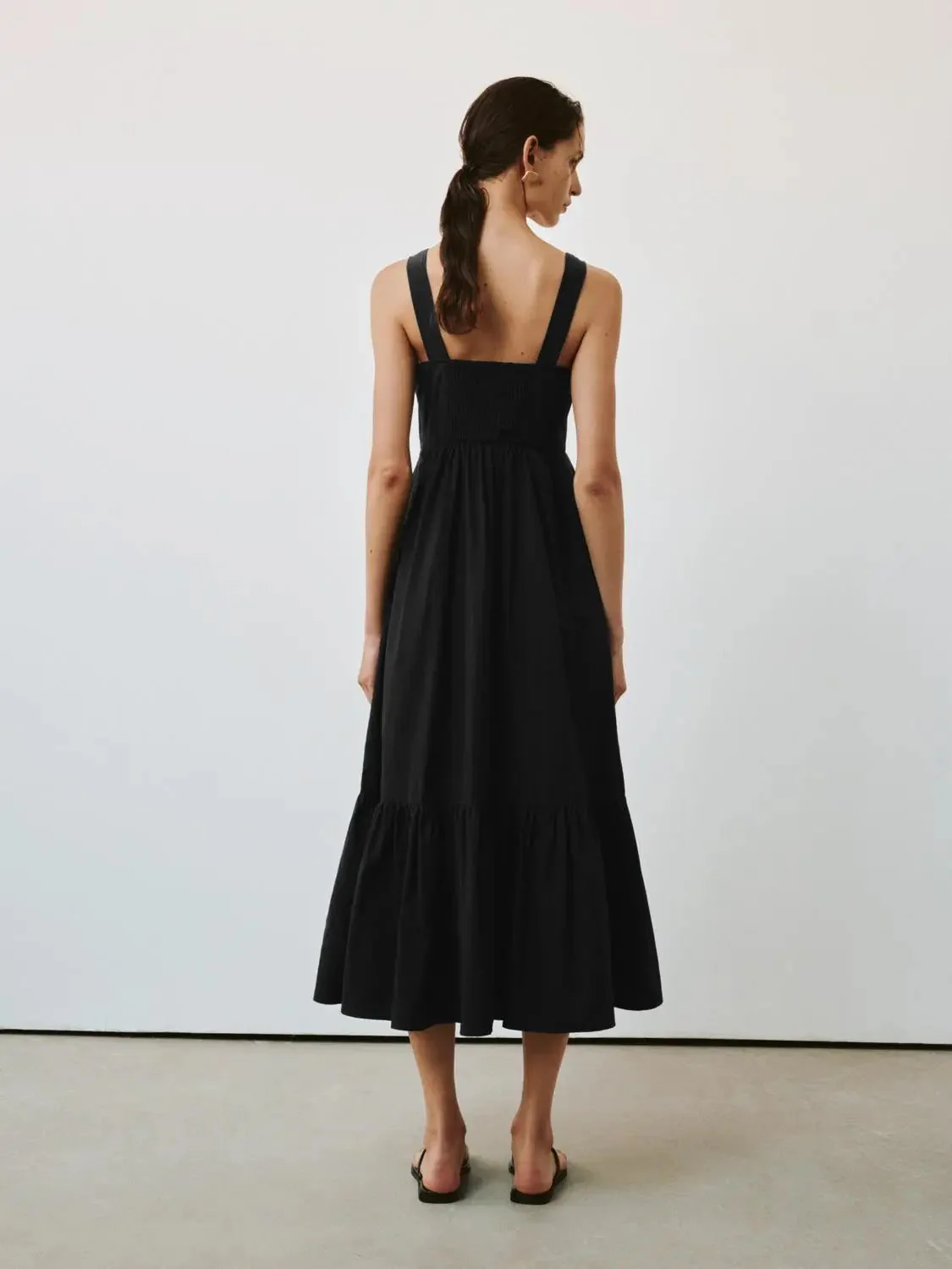 Shirring Detail Strappy Cotton Blend A-Line Midi Dresses