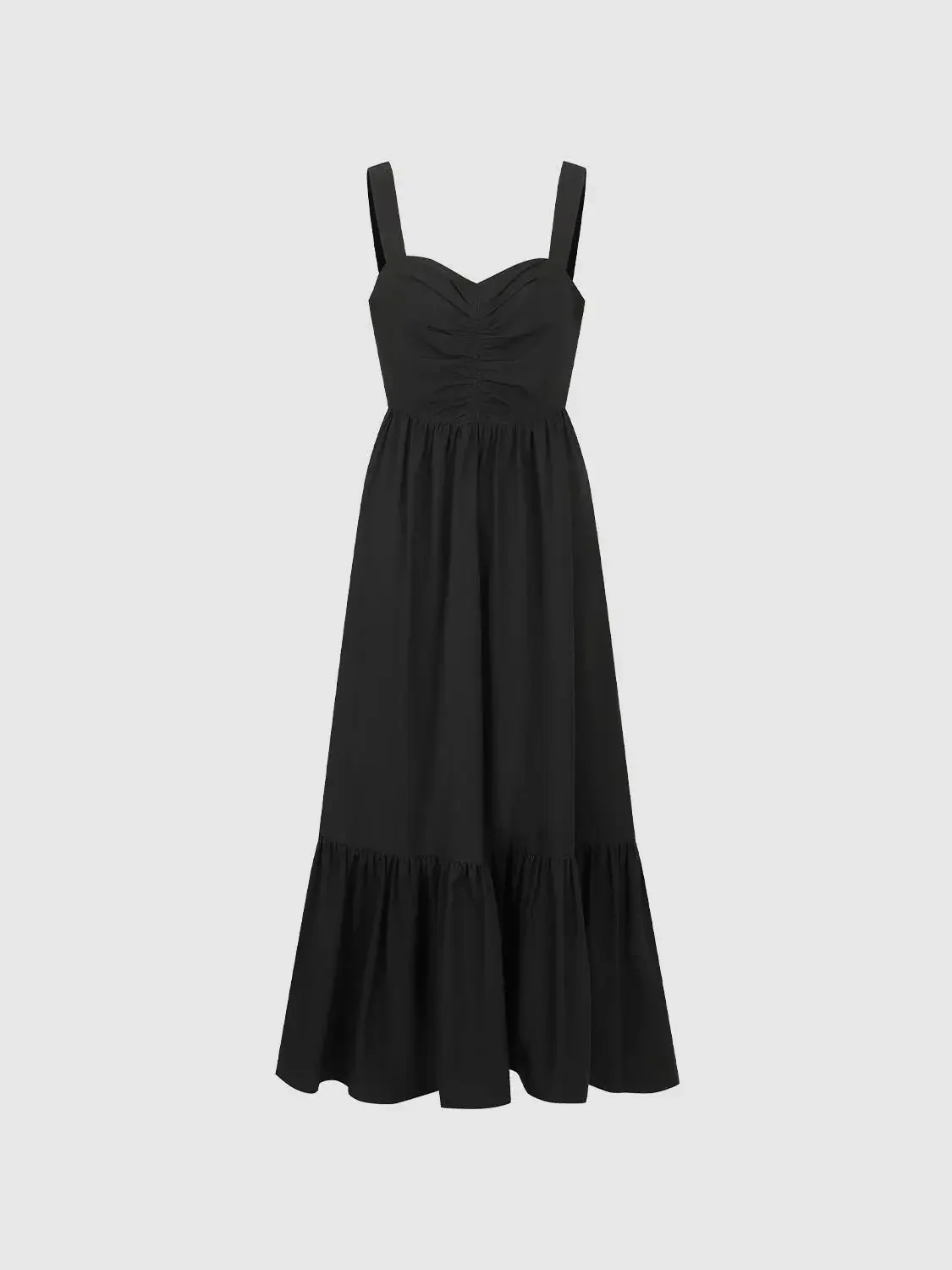 Shirring Detail Strappy Cotton Blend A-Line Midi Dresses