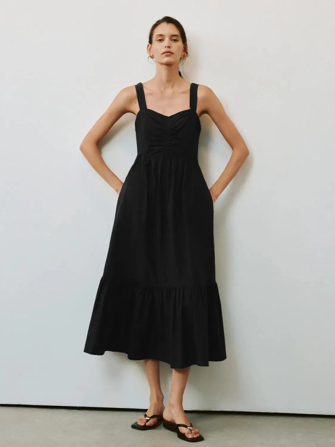 Shirring Detail Strappy Cotton Blend A-Line Midi Dresses