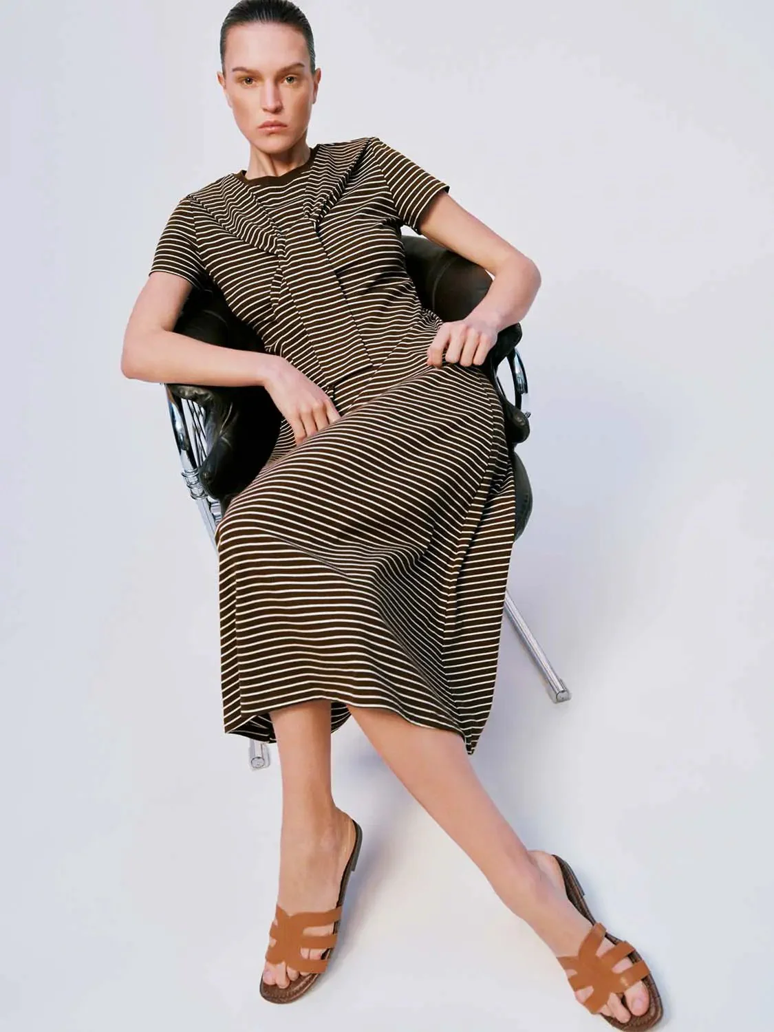 Striped Shawl-Detail Cotton A-Line Midi Dress