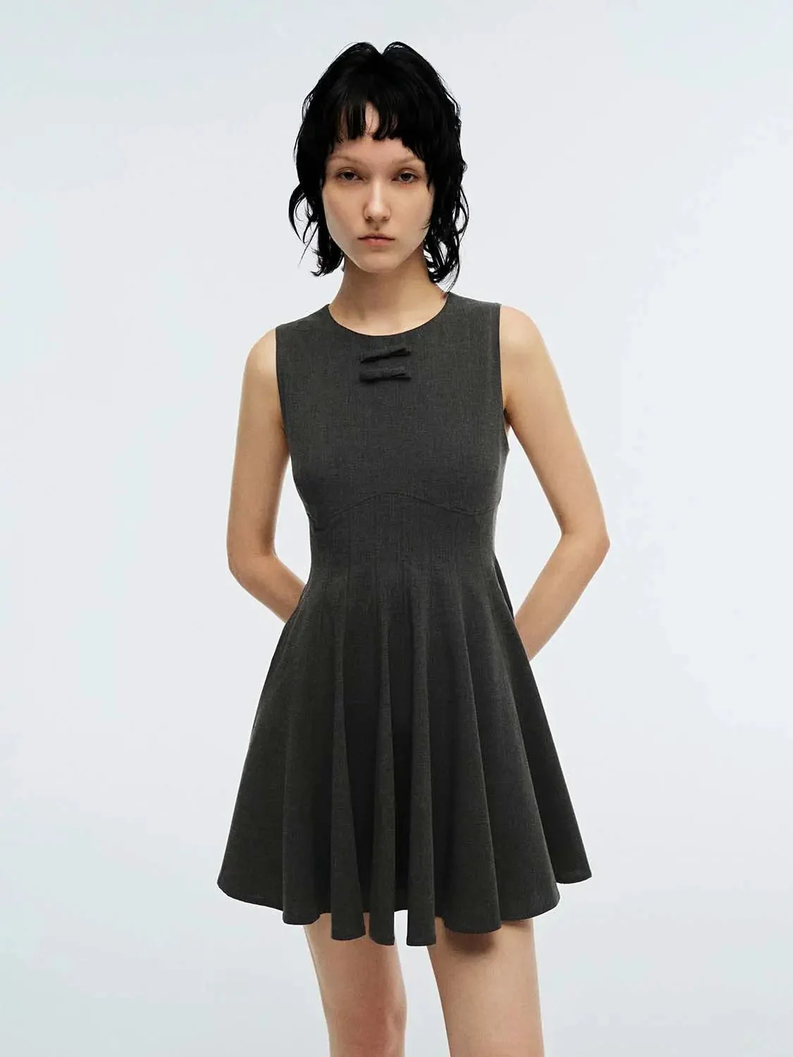 Cotton-Blend A-Line Dress With Bow Detail Sleeveless Midi Dresses