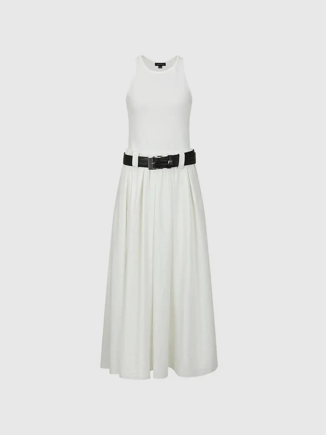 White Crepe Belted Sleeveless Pleated Midi Dresses