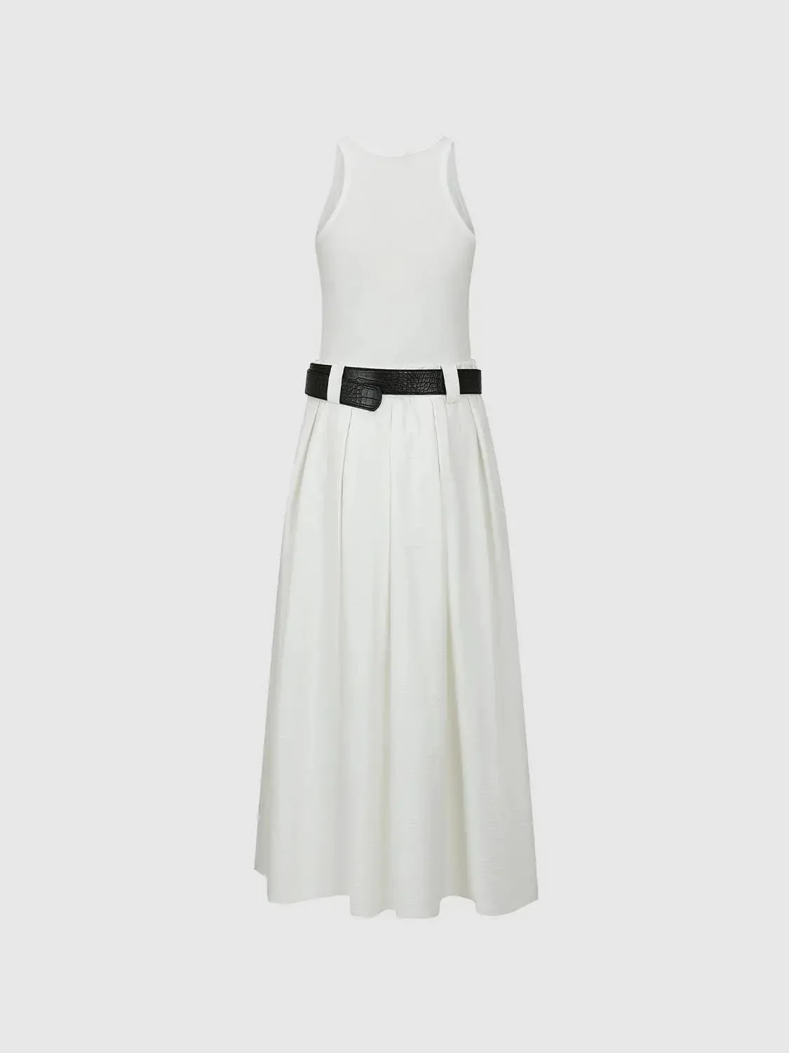 White Crepe Belted Sleeveless Pleated Midi Dresses