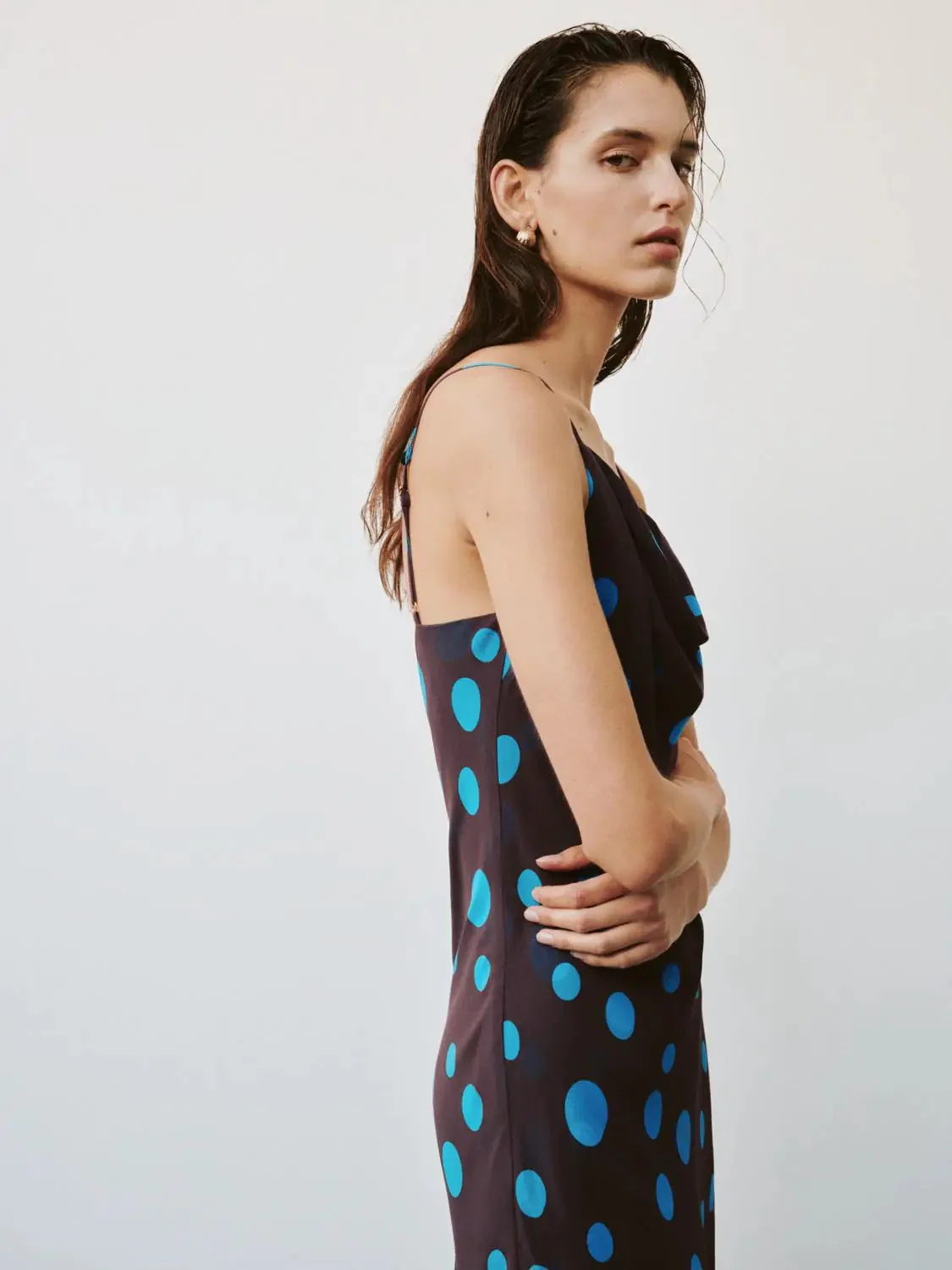 Silk Satin Polka Dot Strappy Cowl Neck Midi Dresses