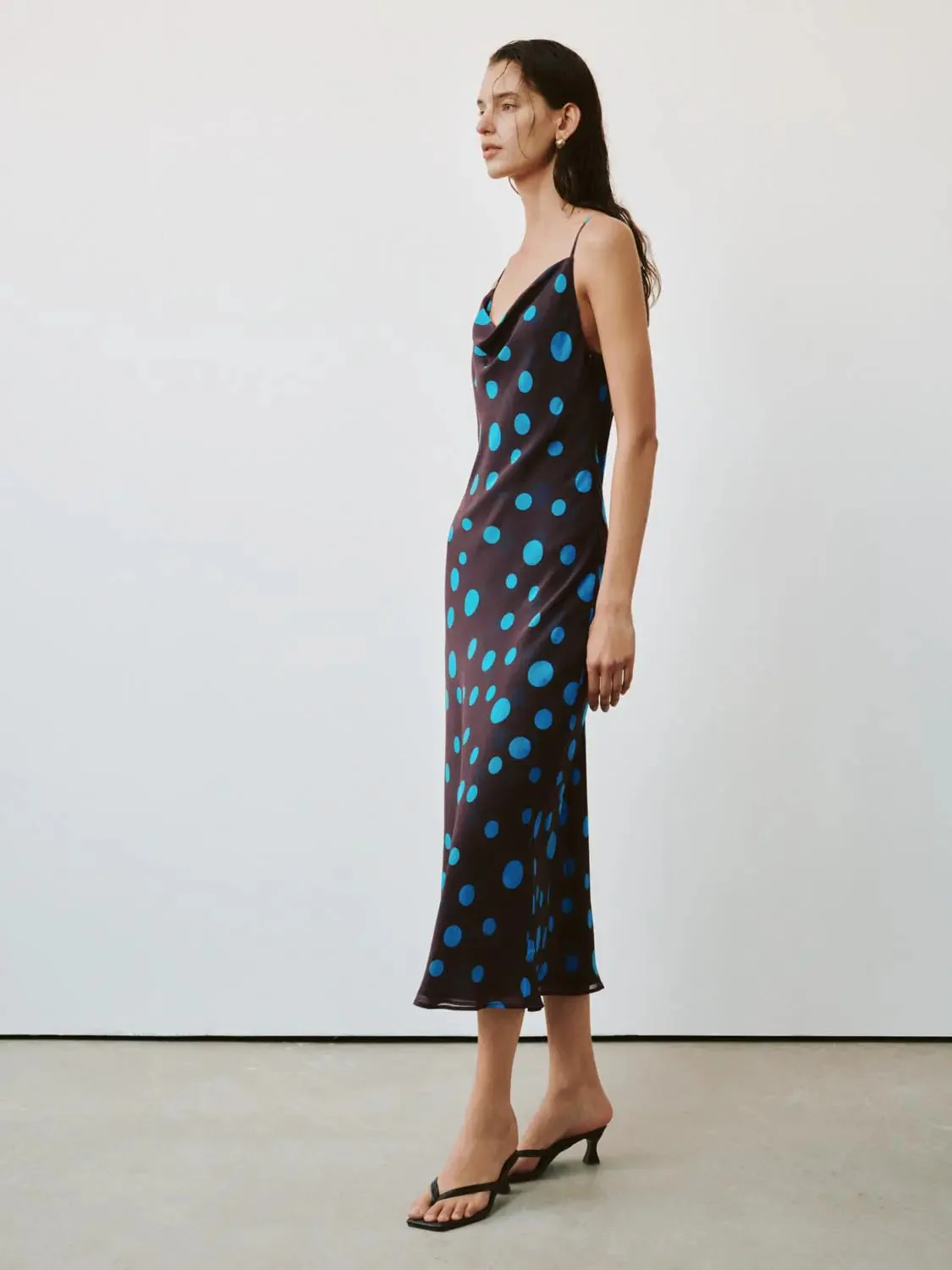 Silk Satin Polka Dot Strappy Cowl Neck Midi Dresses