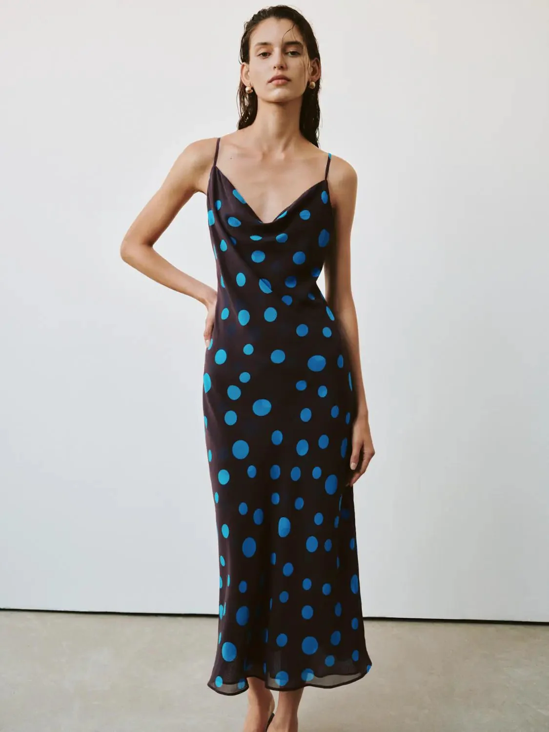 Silk Satin Polka Dot Strappy Cowl Neck Midi Dresses