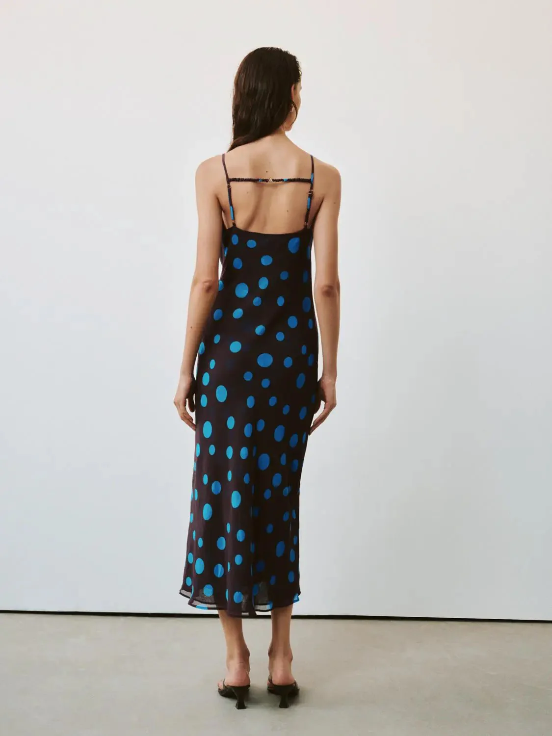 Silk Satin Polka Dot Strappy Cowl Neck Midi Dresses