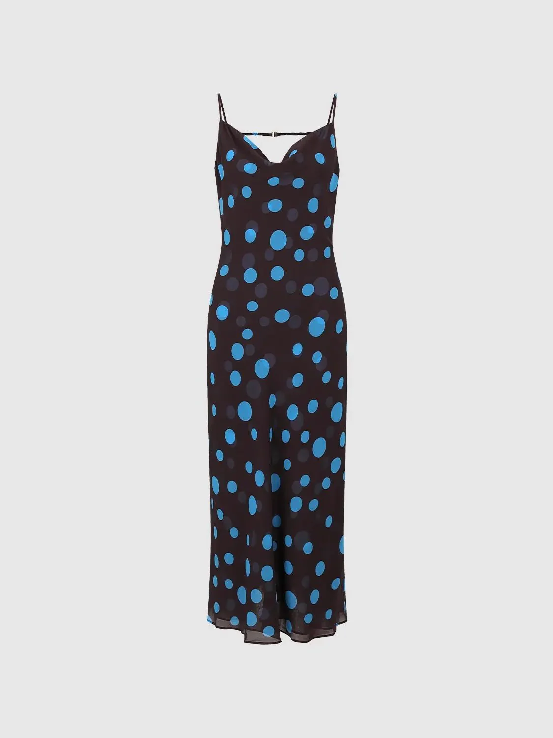 Silk Satin Polka Dot Strappy Cowl Neck Midi Dresses