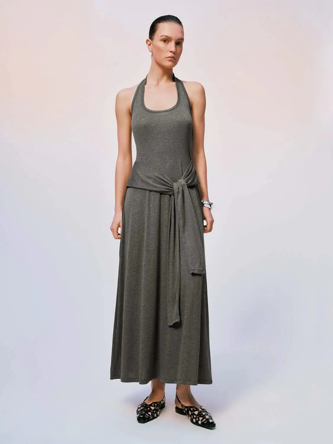 Halter U-Neck Tie-Belt A-Line Jersey Maxi Dresses