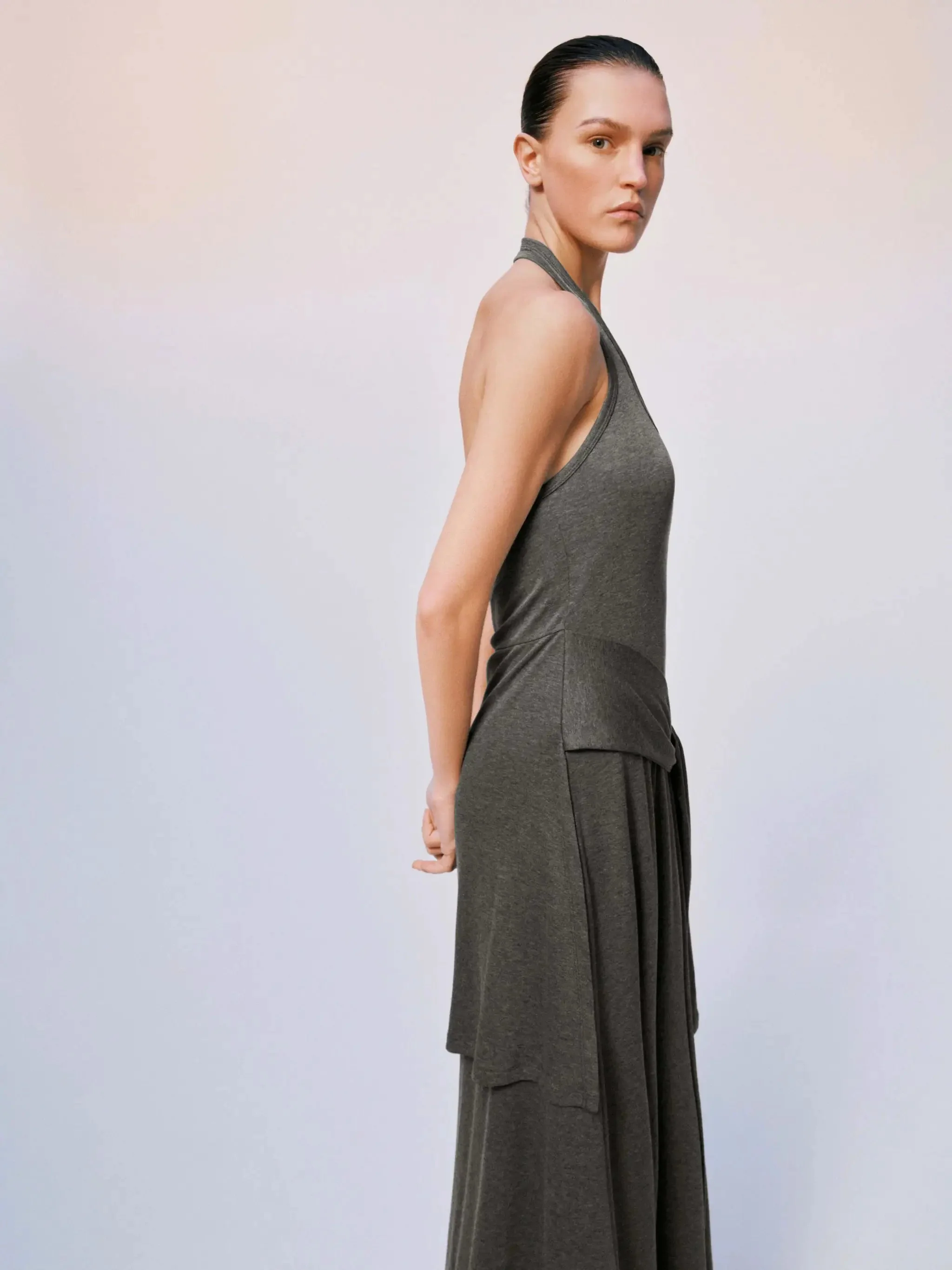 Halter U-Neck Tie-Belt A-Line Jersey Maxi Dresses