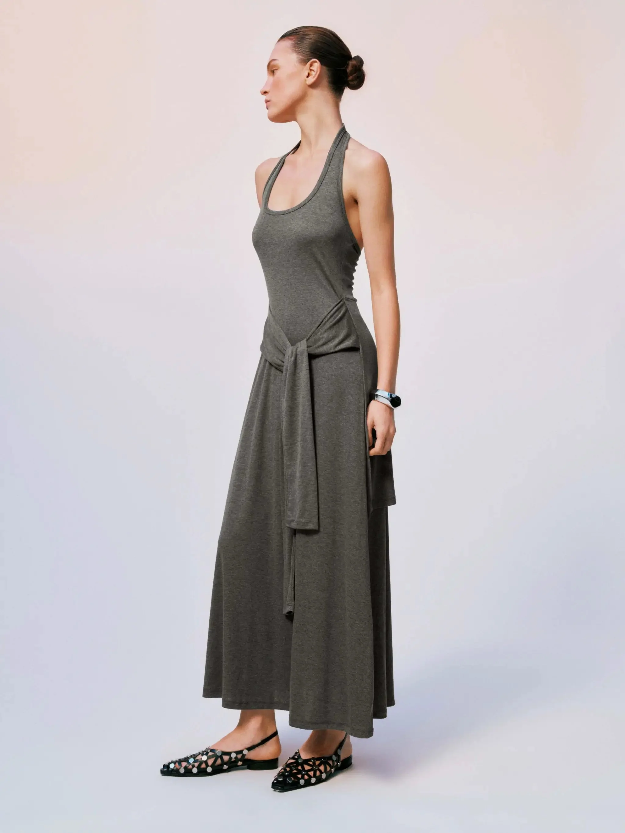Halter U-Neck Tie-Belt A-Line Jersey Maxi Dresses