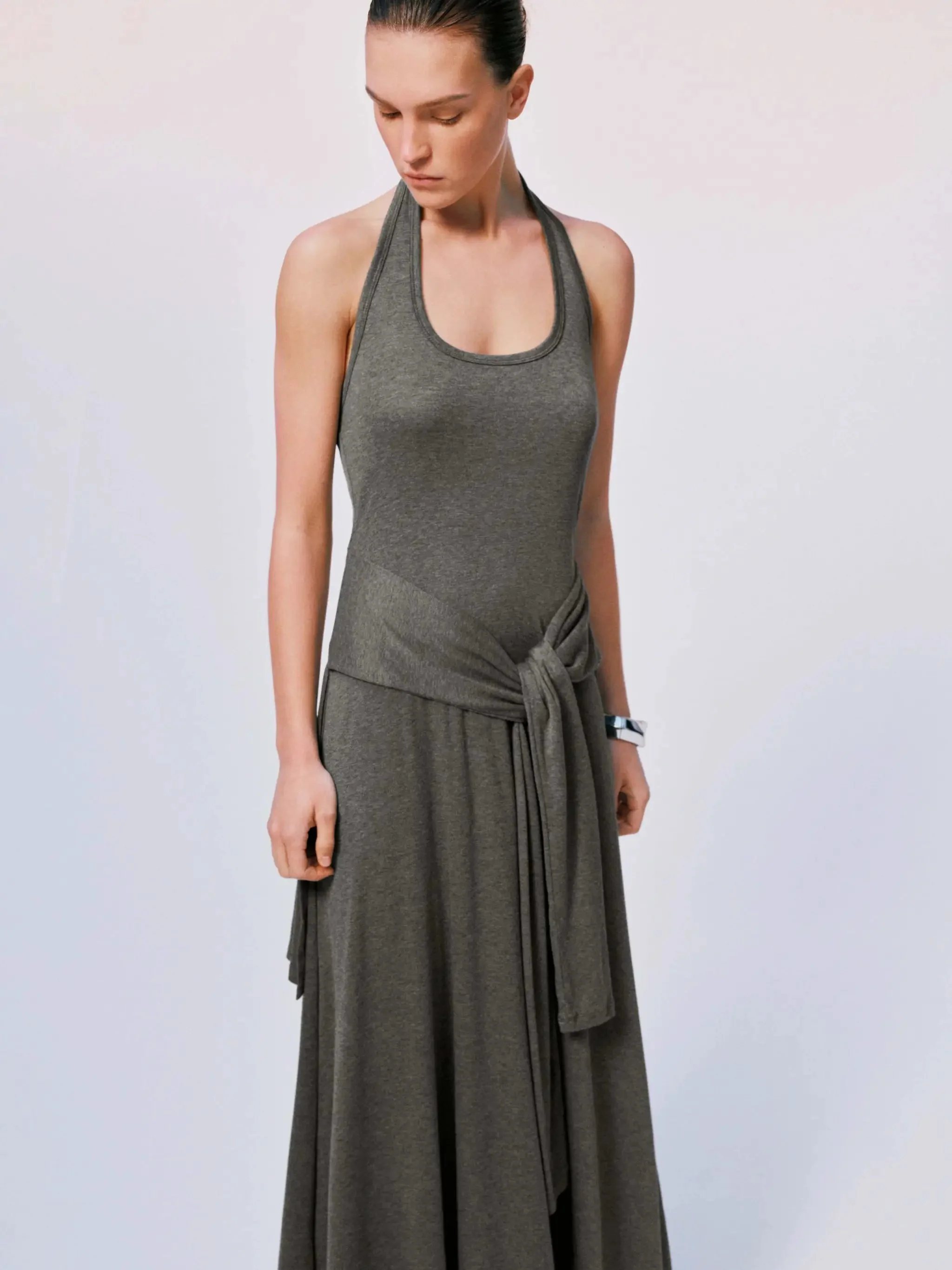 Halter U-Neck Tie-Belt A-Line Jersey Maxi Dresses