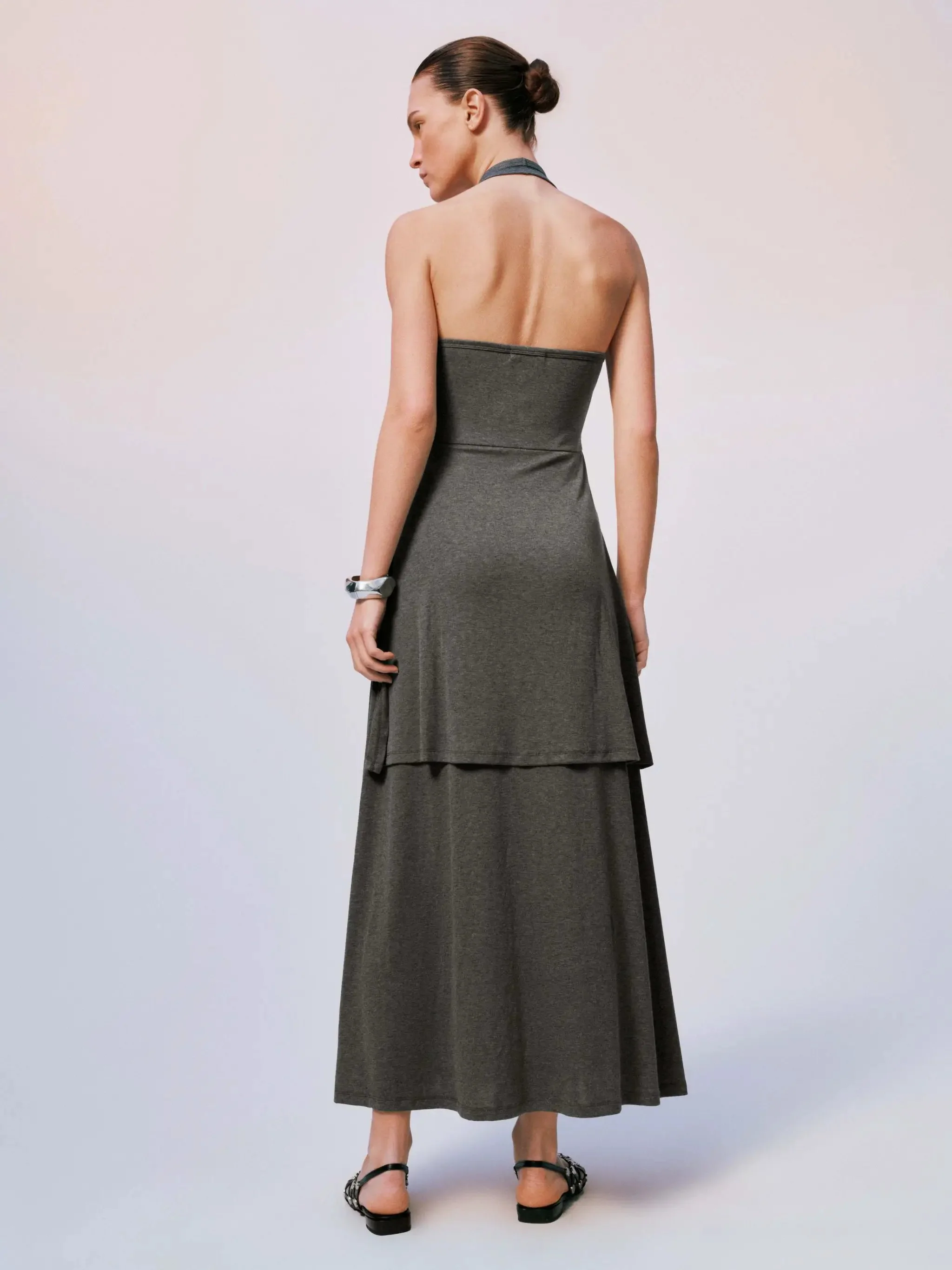 Halter U-Neck Tie-Belt A-Line Jersey Maxi Dresses