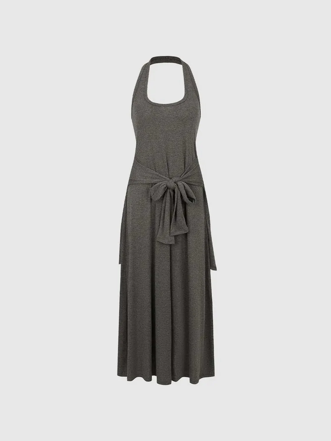 Halter U-Neck Tie-Belt A-Line Jersey Maxi Dresses