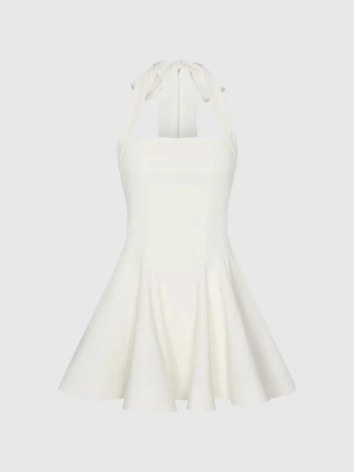 White Satin Halter Neck Nipped-Waist A-Line Midi Dresses