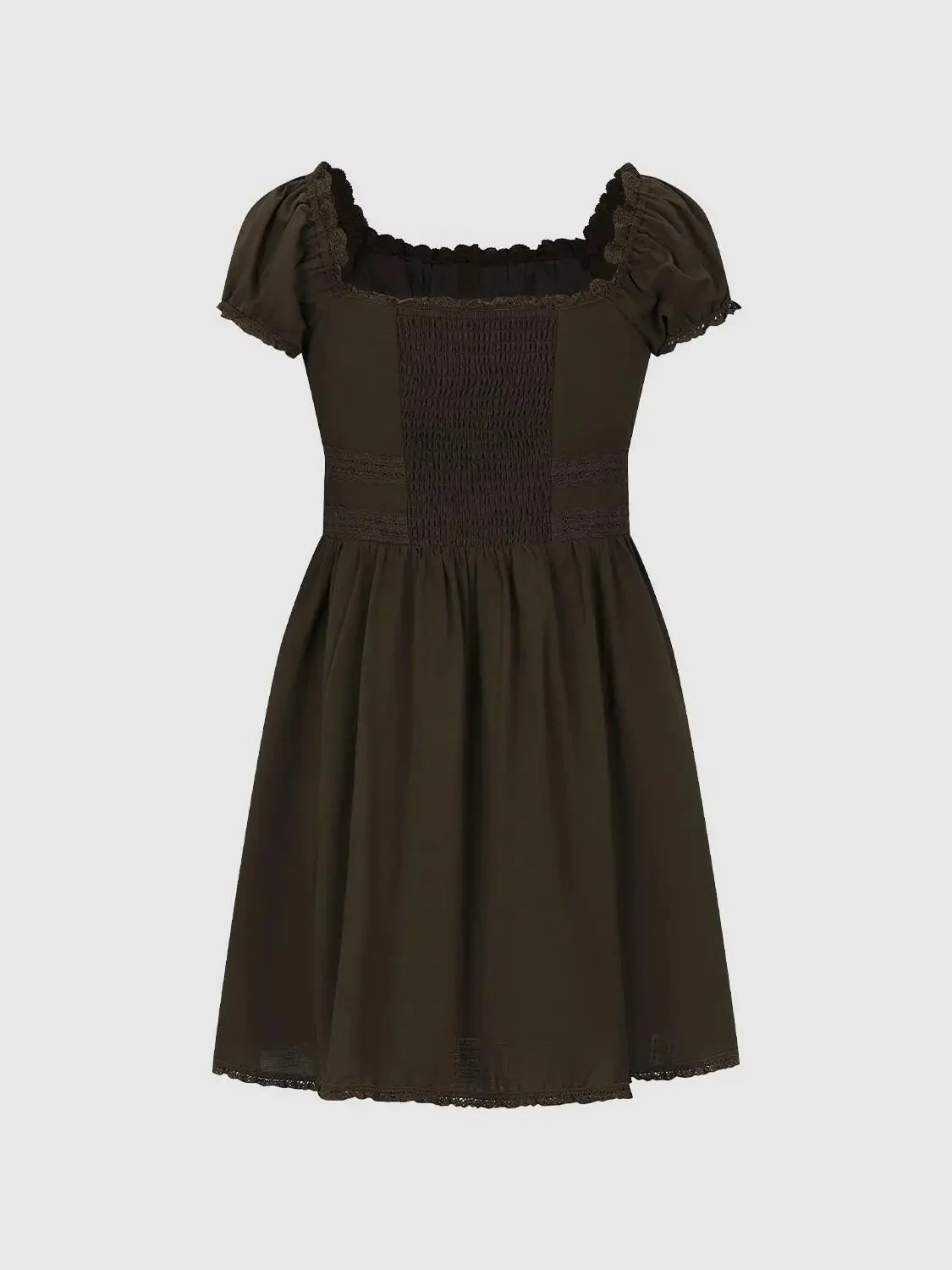 Olive Cotton Puff Sleeve Shirred Lace A-Line Midi Dresses