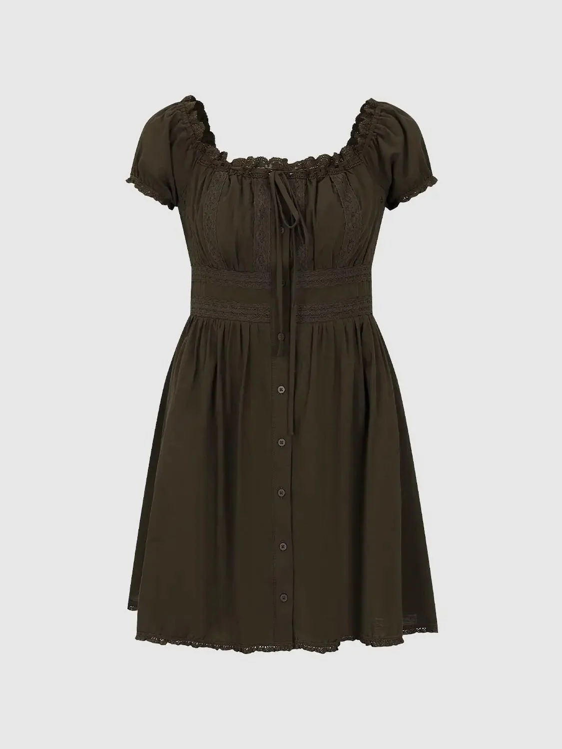 Olive Cotton Puff Sleeve Shirred Lace A-Line Midi Dresses