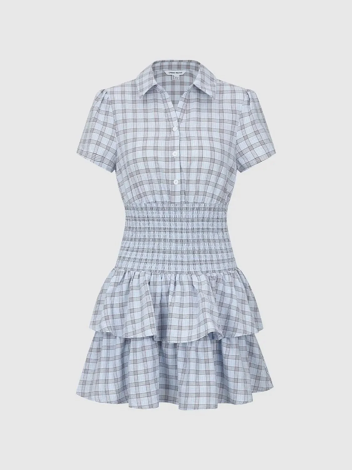 Cotton Check Smocked Waist Tiered Ruffle Dresses