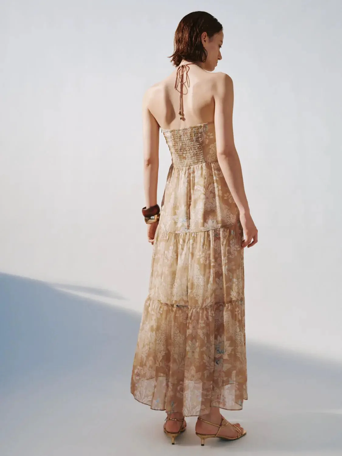 Halter Neck Printed A Line Midi Dresses Floral Print