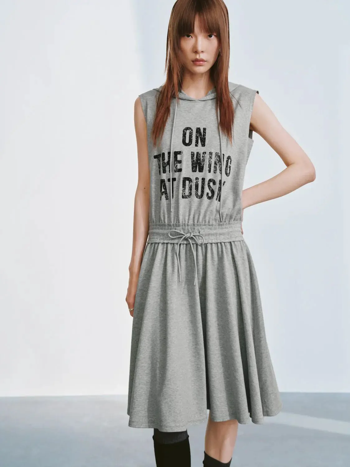 Hooded Sleeveless Seamed A-Line Midi Dresses