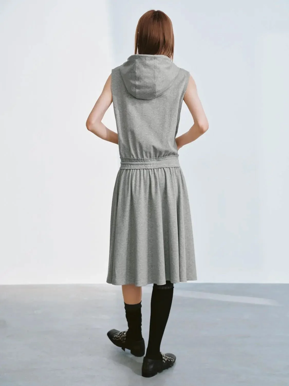 Hooded Sleeveless Seamed A-Line Midi Dresses